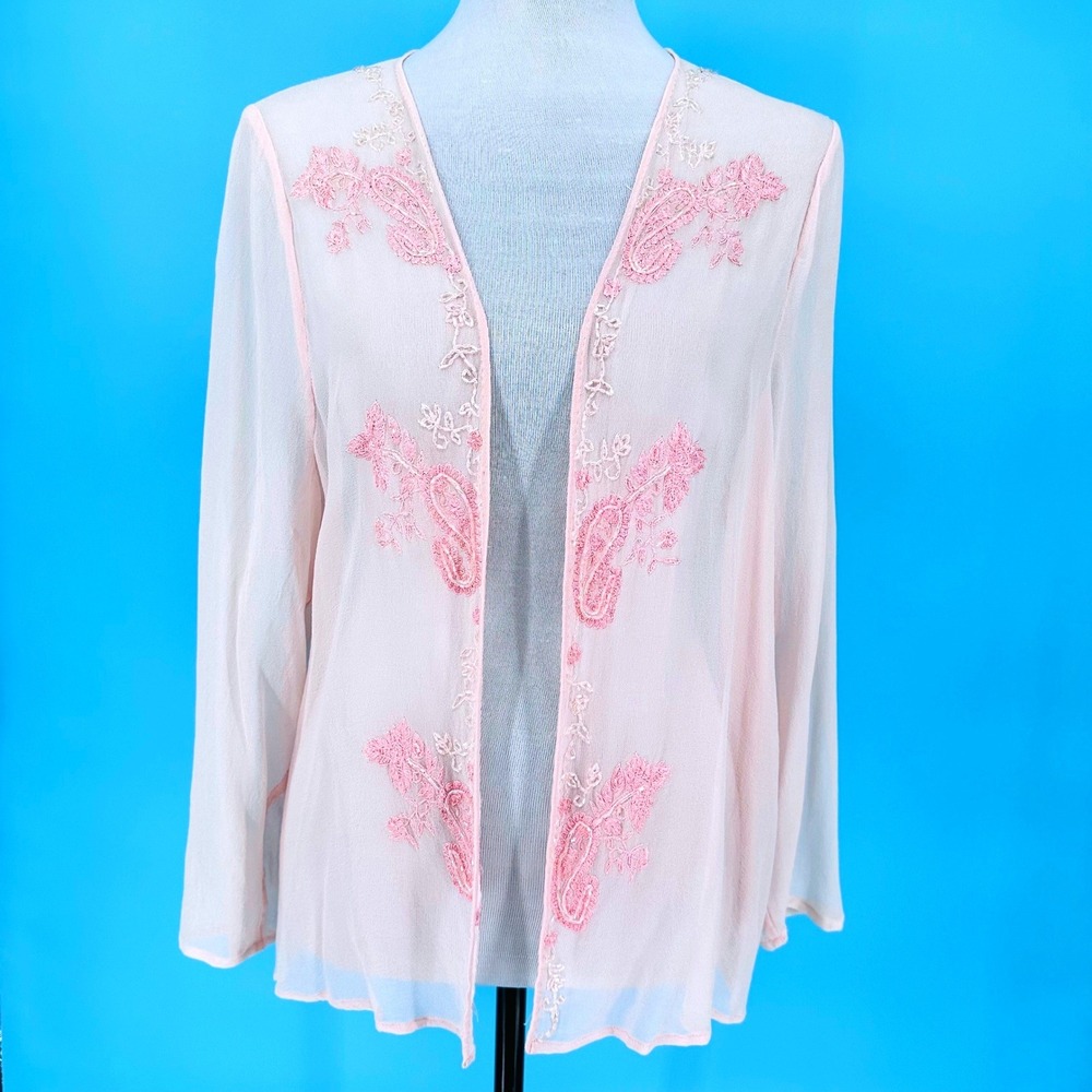 Scala Womens XXL Pink Silk Beaded Paisley Embroidered Sheer Open Cardigan‎ Top
